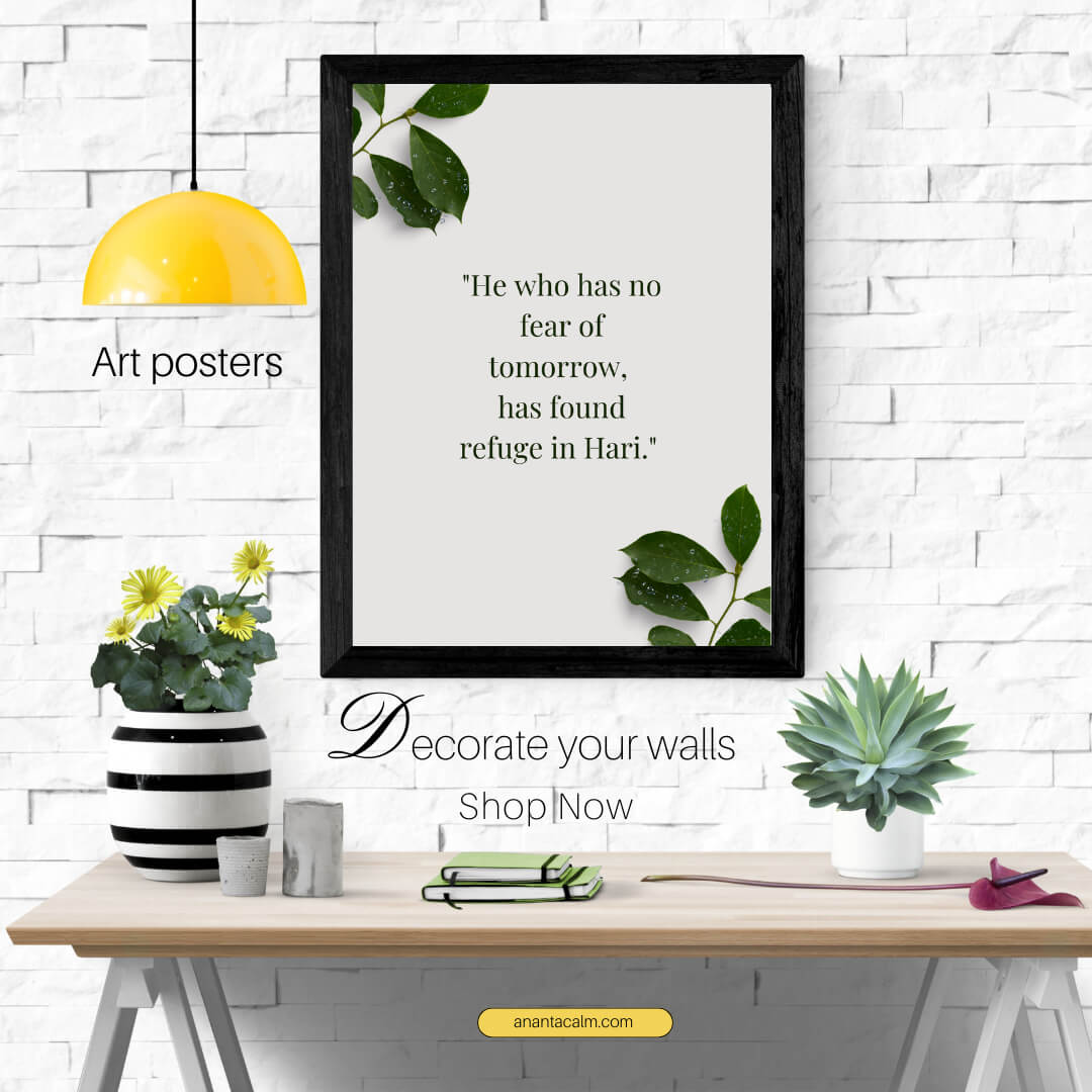 Bhagavad Gita inspired spiritual wall art print with olive green foliage theme for mental peace.